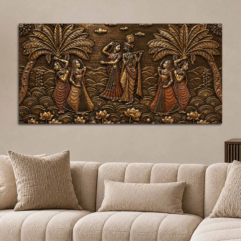 Shree Radha Krishna with Gopis Under Palm Trees Metallic Look 3D Canvas Painting