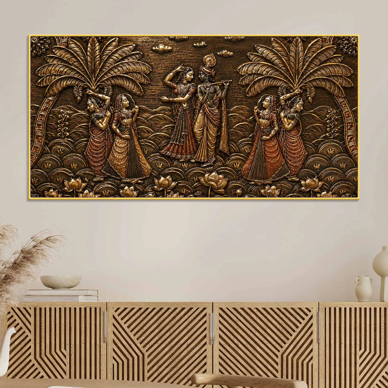 Shree Radha Krishna with Gopis Under Palm Trees Metallic Look 3D Canvas Painting