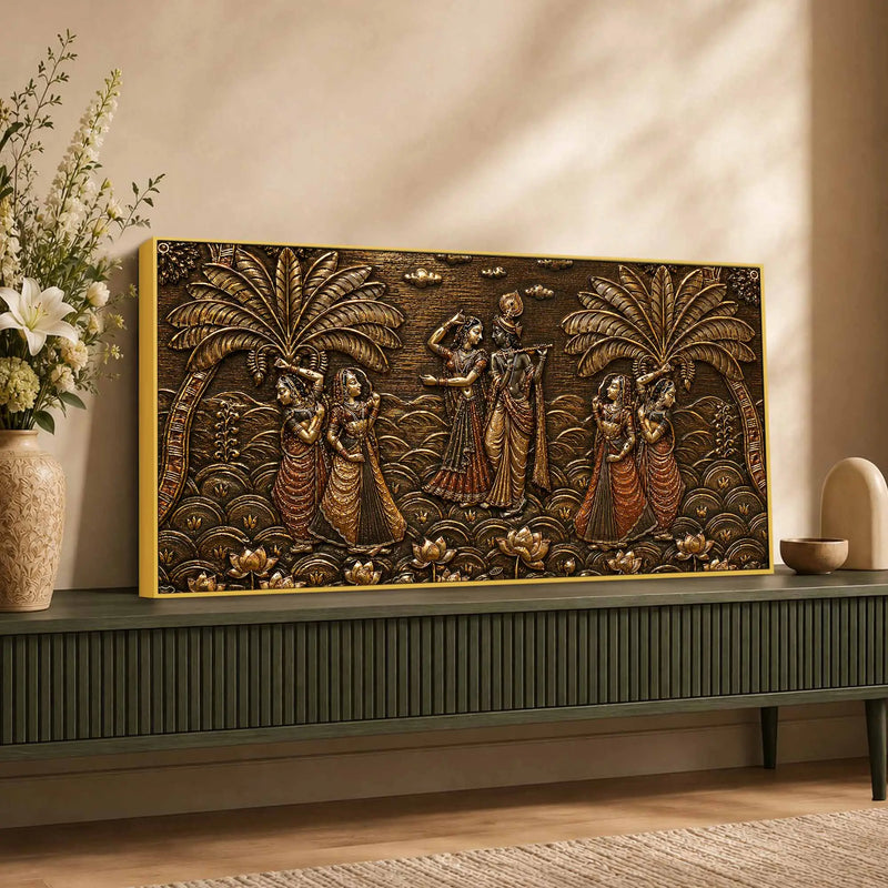 Shree Radha Krishna with Gopis Under Palm Trees Metallic Look 3D Canvas Painting