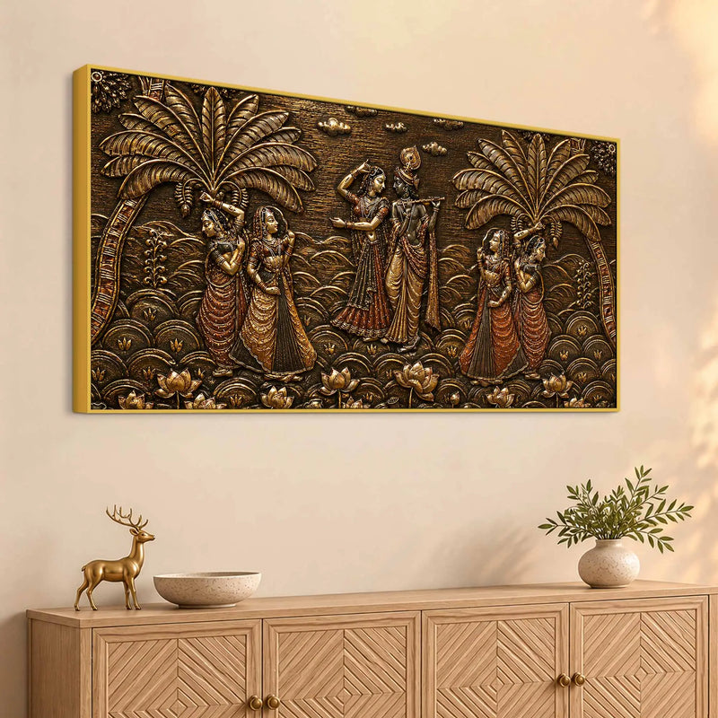 Shree Radha Krishna with Gopis Under Palm Trees Metallic Look 3D Canvas Painting