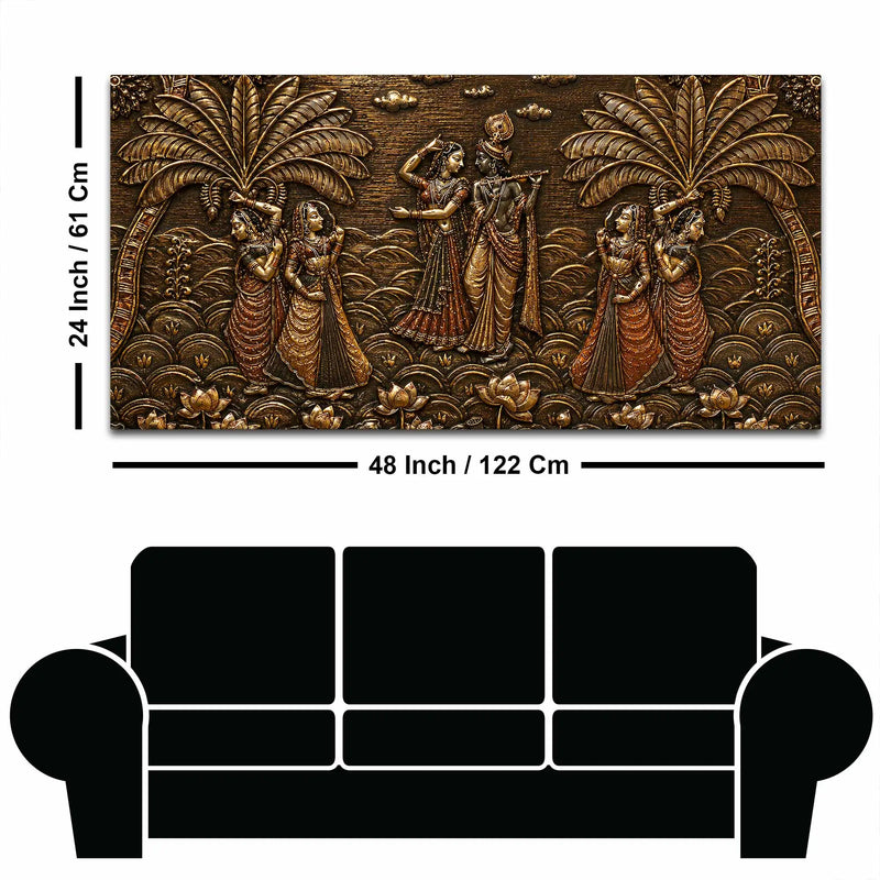 Shree Radha Krishna with Gopis Under Palm Trees Metallic Look 3D Canvas Painting