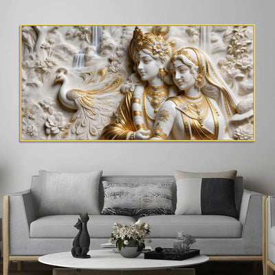Shree Radha Krishna with Peacock in Serene Garden 3D Canvas Wall Painting