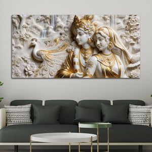 Shree Radha Krishna with Peacock in Serene Garden 3D Canvas Wall Painting