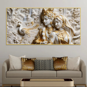 Shree Radha Krishna with Peacock in Serene Garden 3D Canvas Wall Painting