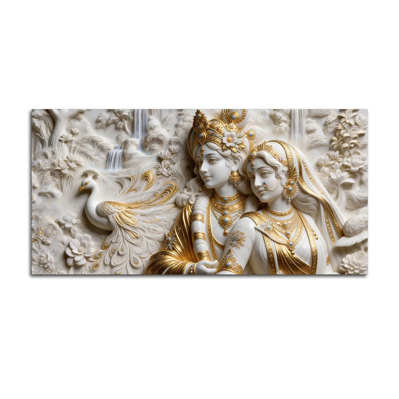 Shree Radha Krishna with Peacock in Serene Garden 3D Canvas Wall Painting