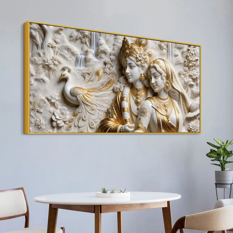 Shree Radha Krishna with Peacock in Serene Garden 3D Canvas Wall Painting