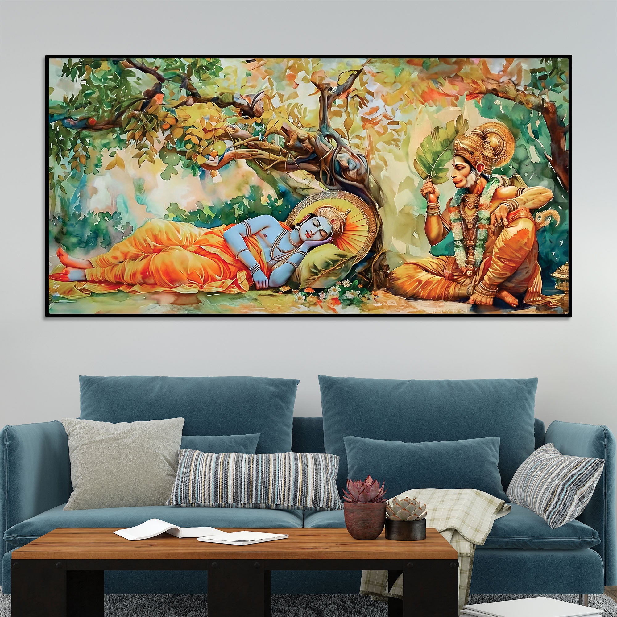 Shree Ram and Hanuman Religious Canvas Wall Painting