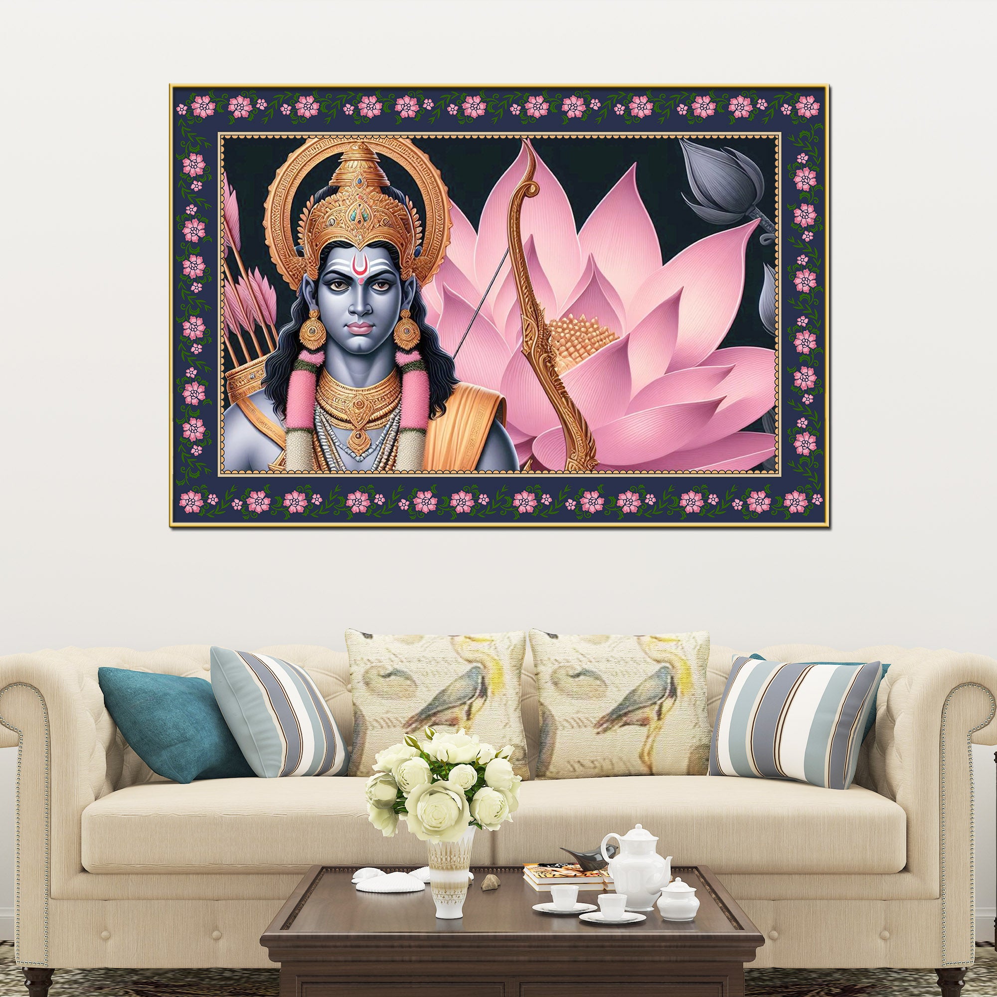 Shree Ram in Lotus Background Floral Border Canvas Wall Painting