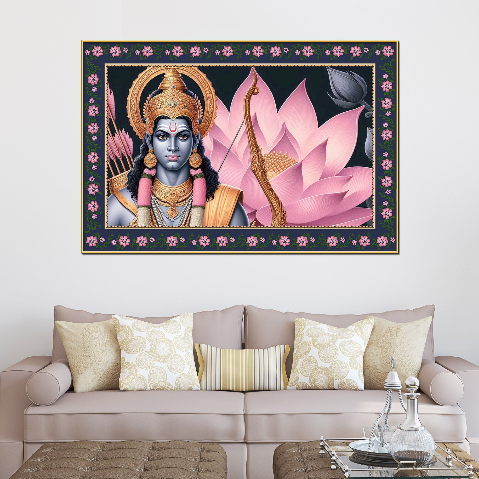 Shree Ram in Lotus Background Floral Border Canvas Wall Painting