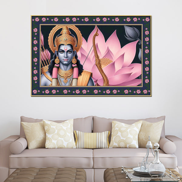 Shree Ram in Lotus Background Floral Border Canvas Wall Painting