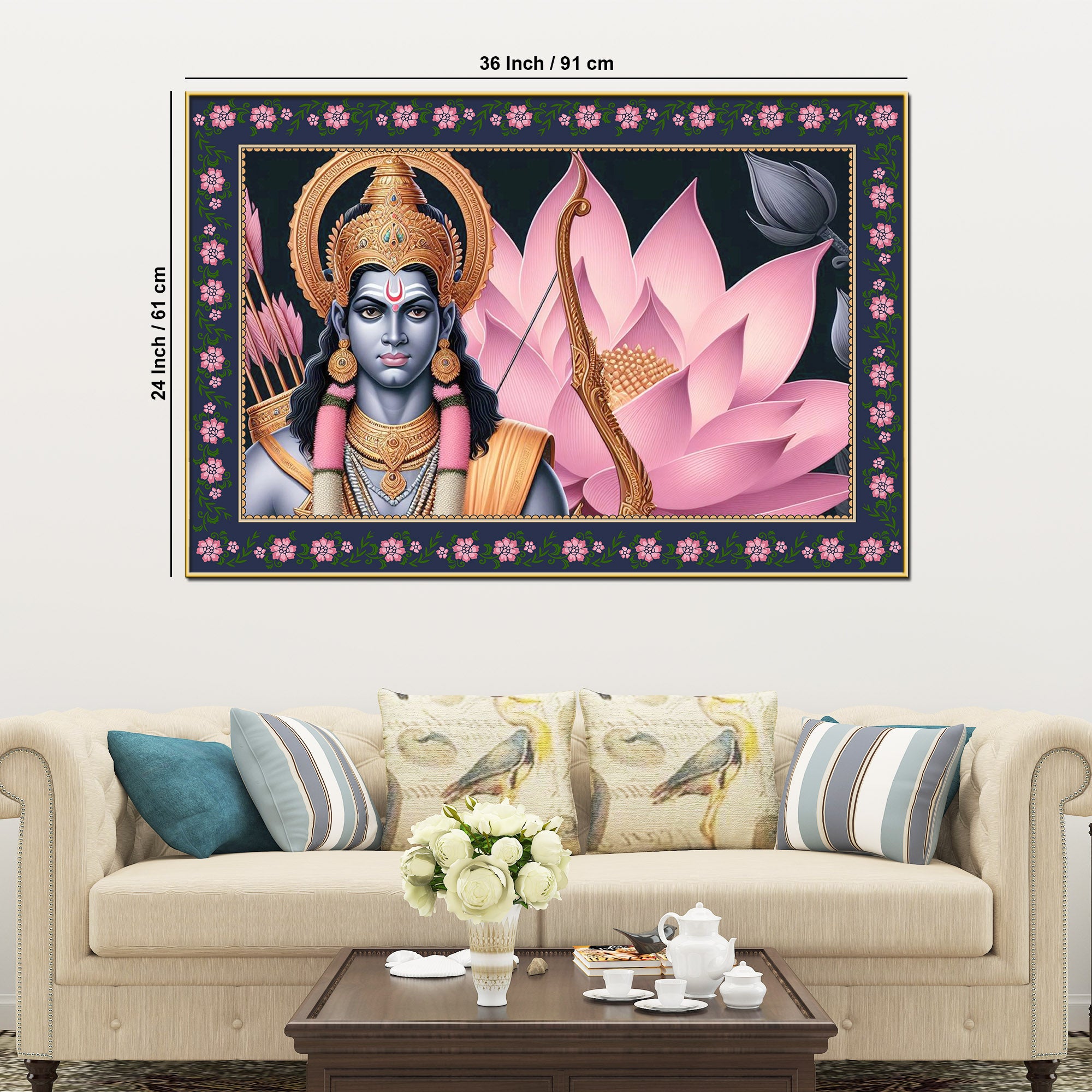 Shree Ram in Lotus Background Floral Border Canvas Wall Painting
