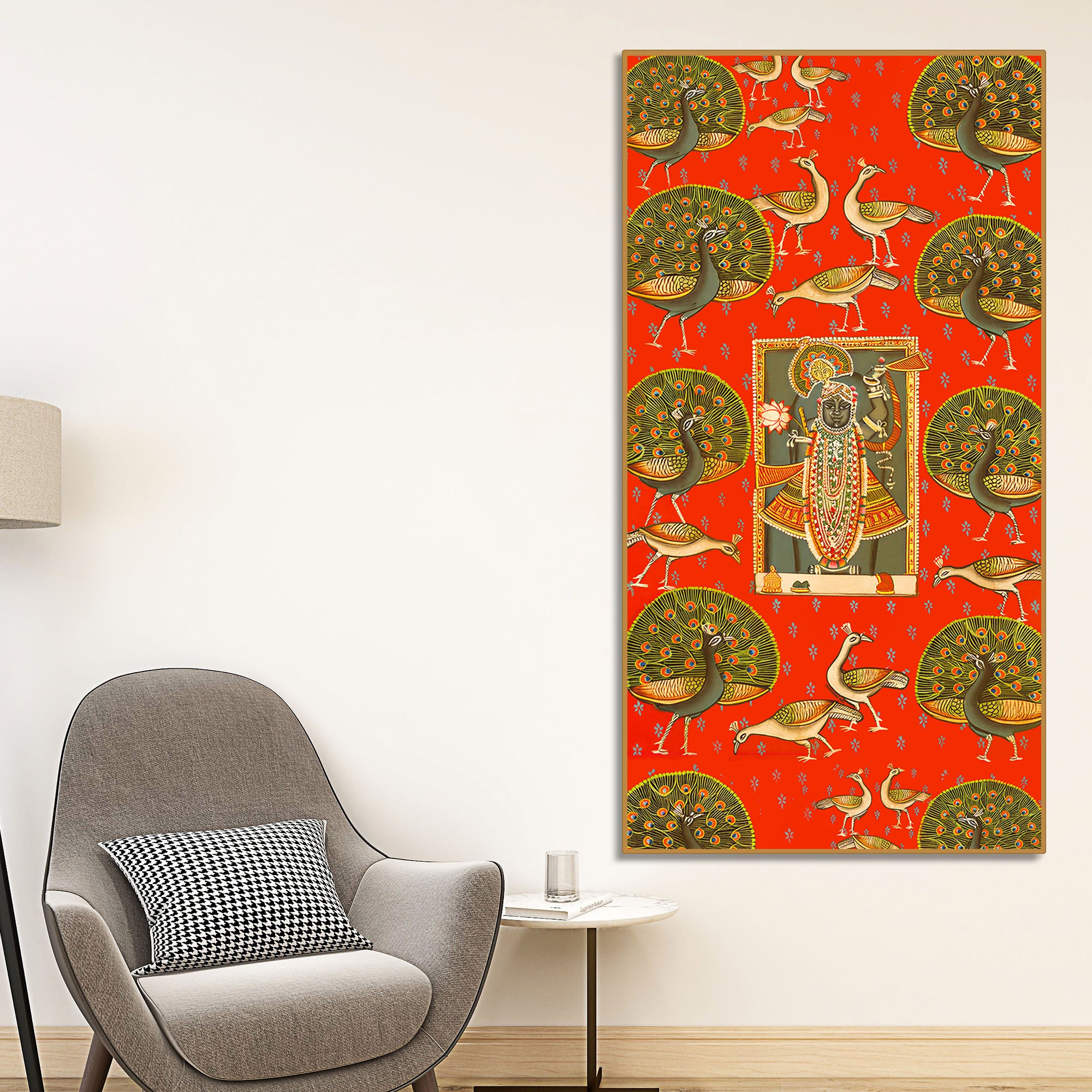 Shreenathji Pichwai Canvas Painting with Peacock | Traditional Wall Art