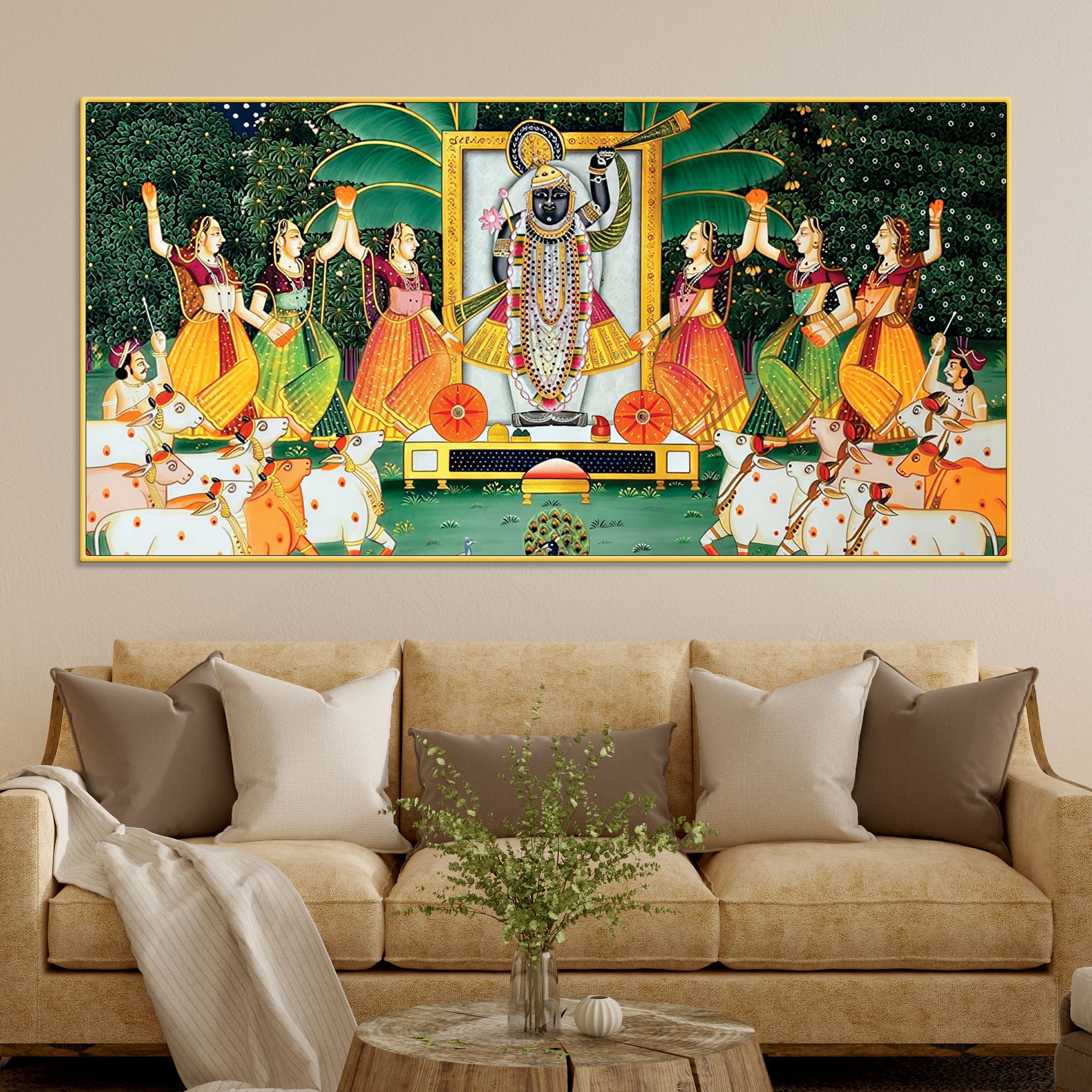 Shreenathji Pichwai Canvas Wall Painting with Devotees & Cows