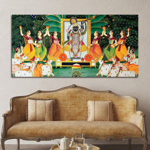 Shreenathji Pichwai Canvas Wall Painting with Devotees & Cows