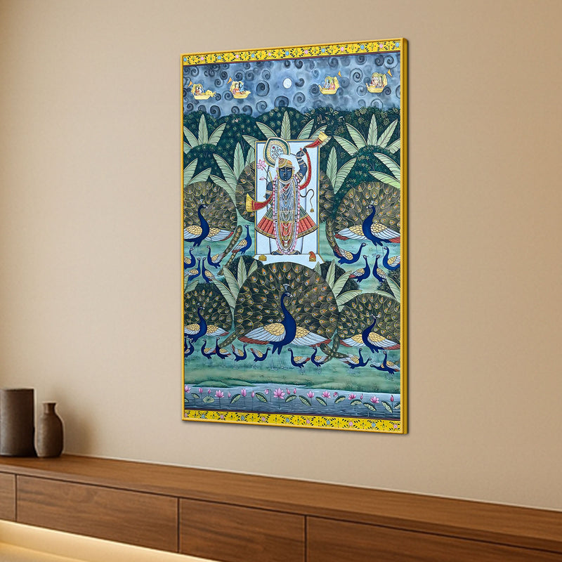 Shreenathji Surrounded By Peacocks for Worship Pichwai Canvas Wall Painting
