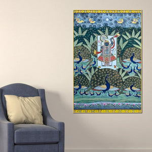 Shreenathji Surrounded By Peacocks for Worship Pichwai Canvas Wall Painting