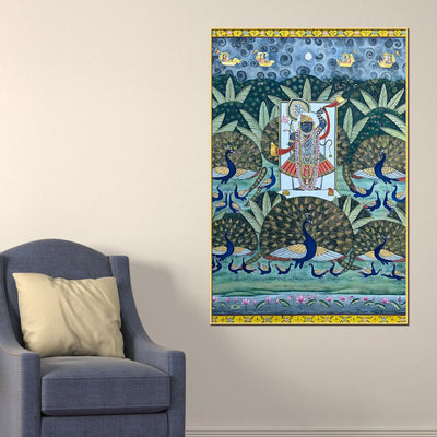 Shreenathji Surrounded By Peacocks for Worship Pichwai Canvas Wall Painting