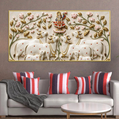 Shreenathji with Holy Cows 3D Canvas Wall Painting