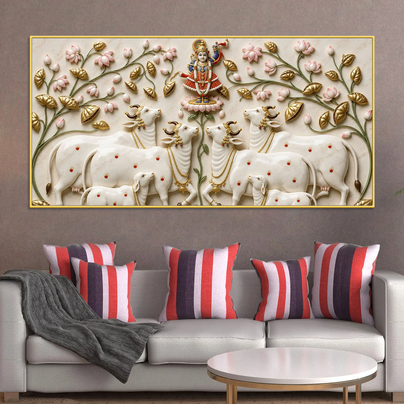 Shreenathji with Holy Cows 3D Canvas Wall Painting