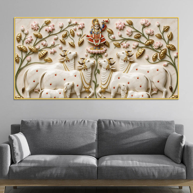 Shreenathji with Holy Cows 3D Canvas Wall Painting