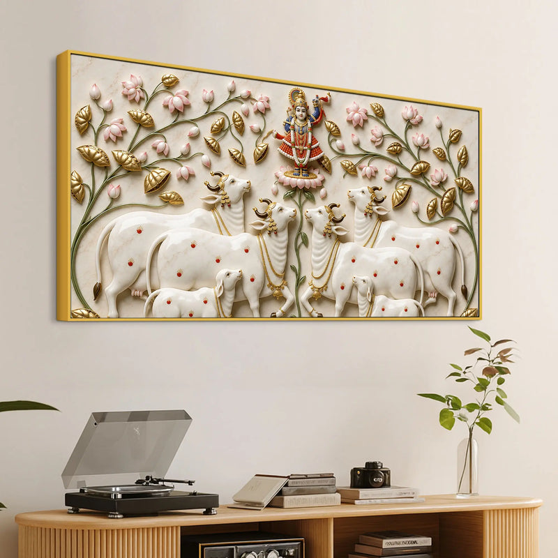 Shreenathji with Holy Cows 3D Canvas Wall Painting