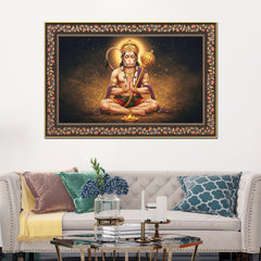 Shri Bajrangi Hanuman Floral Border Canvas Wall Painting