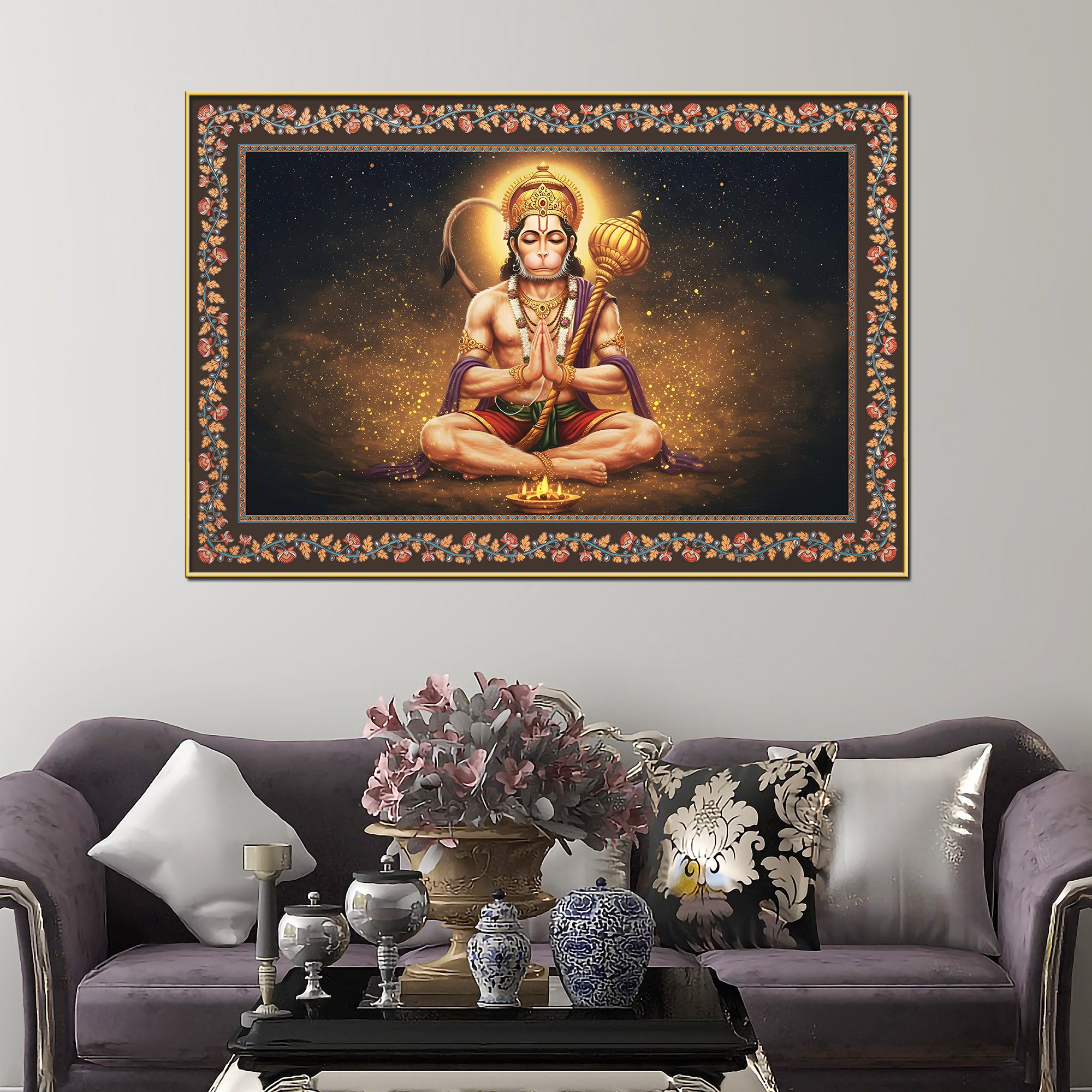 Shri Bajrangi Hanuman Floral Border Canvas Wall Painting
