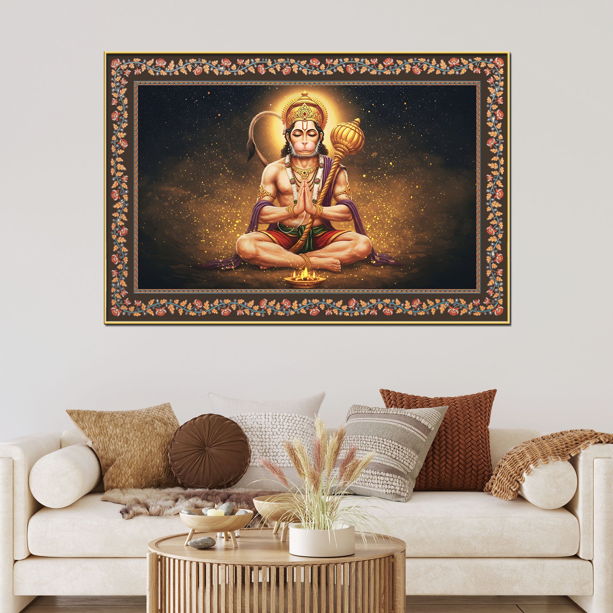 Shri Bajrangi Hanuman Floral Border Canvas Wall Painting