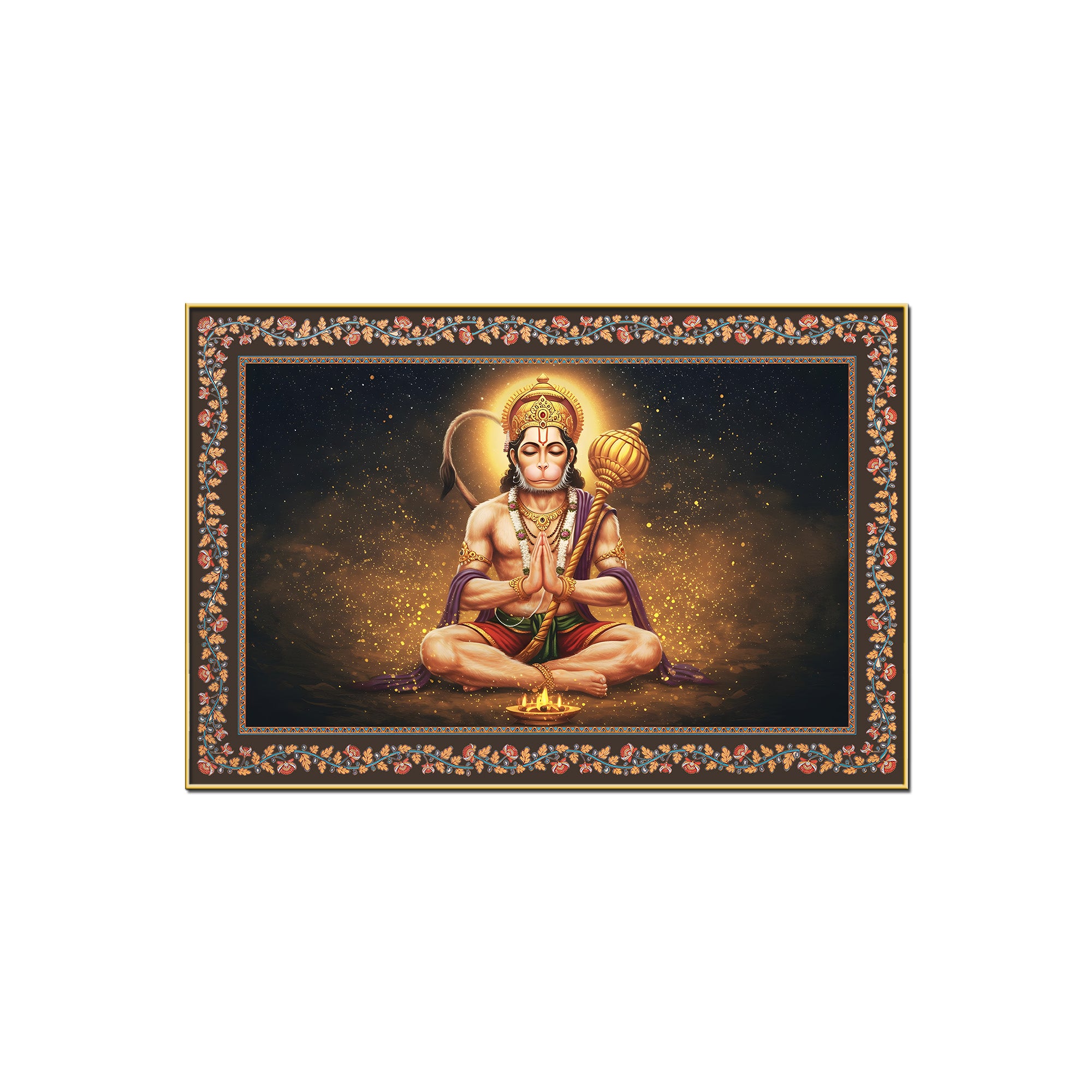 Shri Bajrangi Hanuman Floral Border Canvas Wall Painting