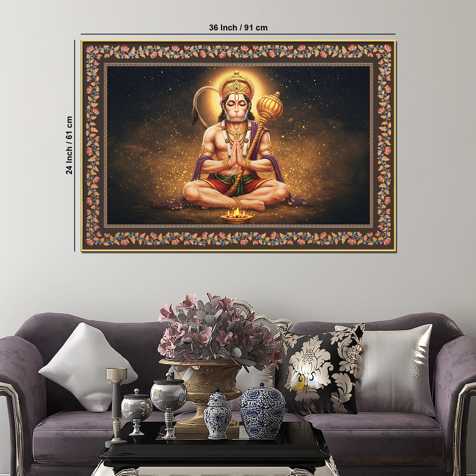 Shri Bajrangi Hanuman Floral Border Canvas Wall Painting