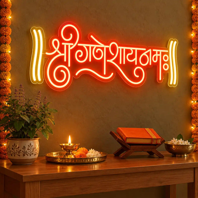 Shri Ganeshaya Namah Mantra Neon Light for Home, Mandir & Shop Decor
