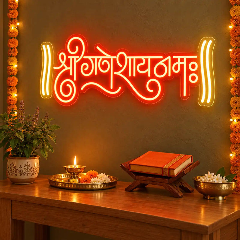 Shri Ganeshaya Namah Mantra Neon Light for Home, Mandir & Shop Decor