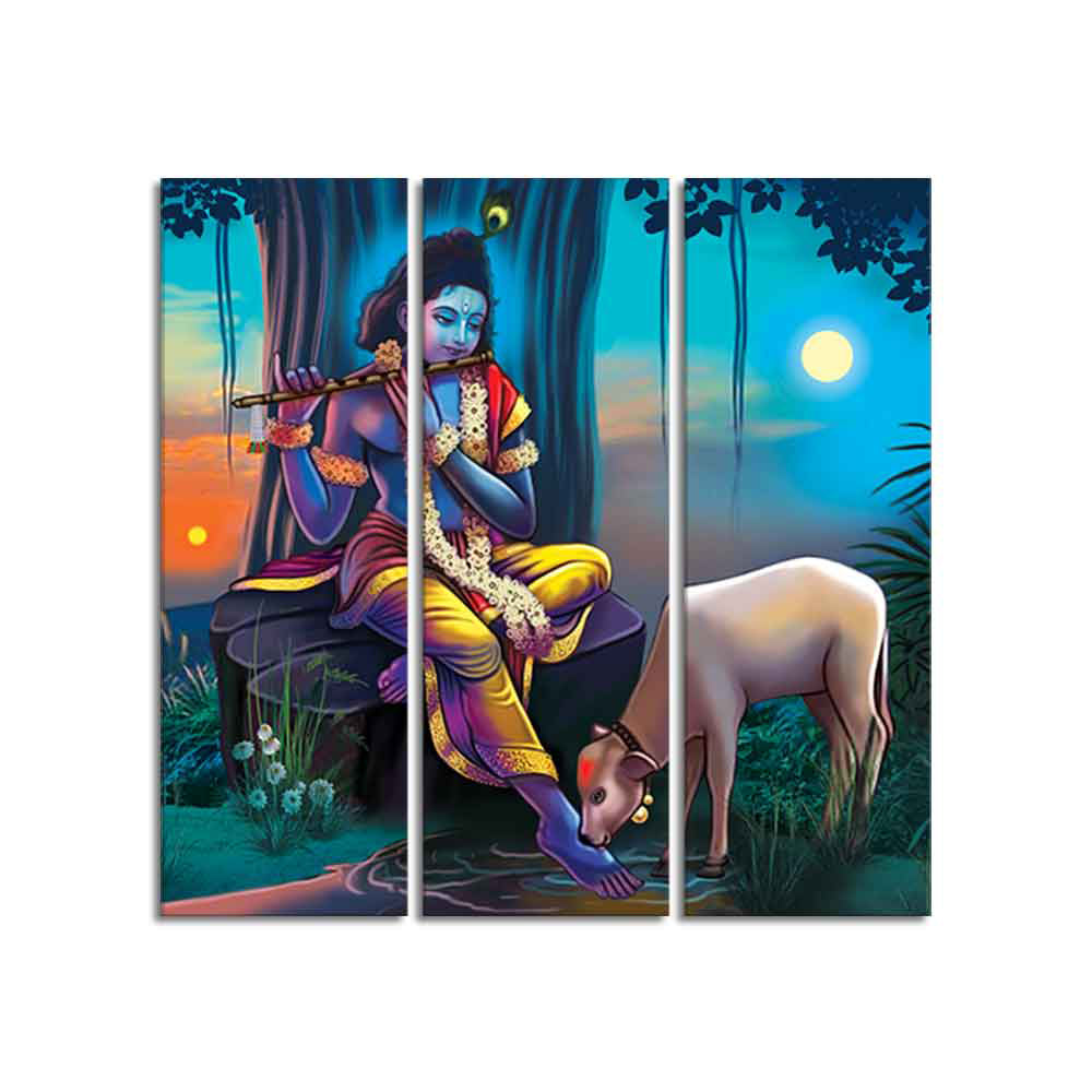 Shri Krishna Canvas Wall Painting of 3 Pieces