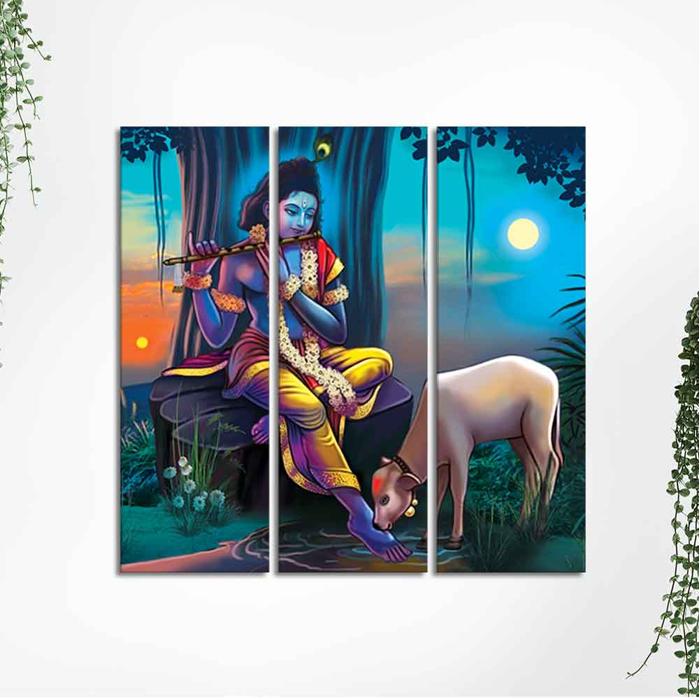 Shri Krishna Canvas Wall Painting of 3 Pieces