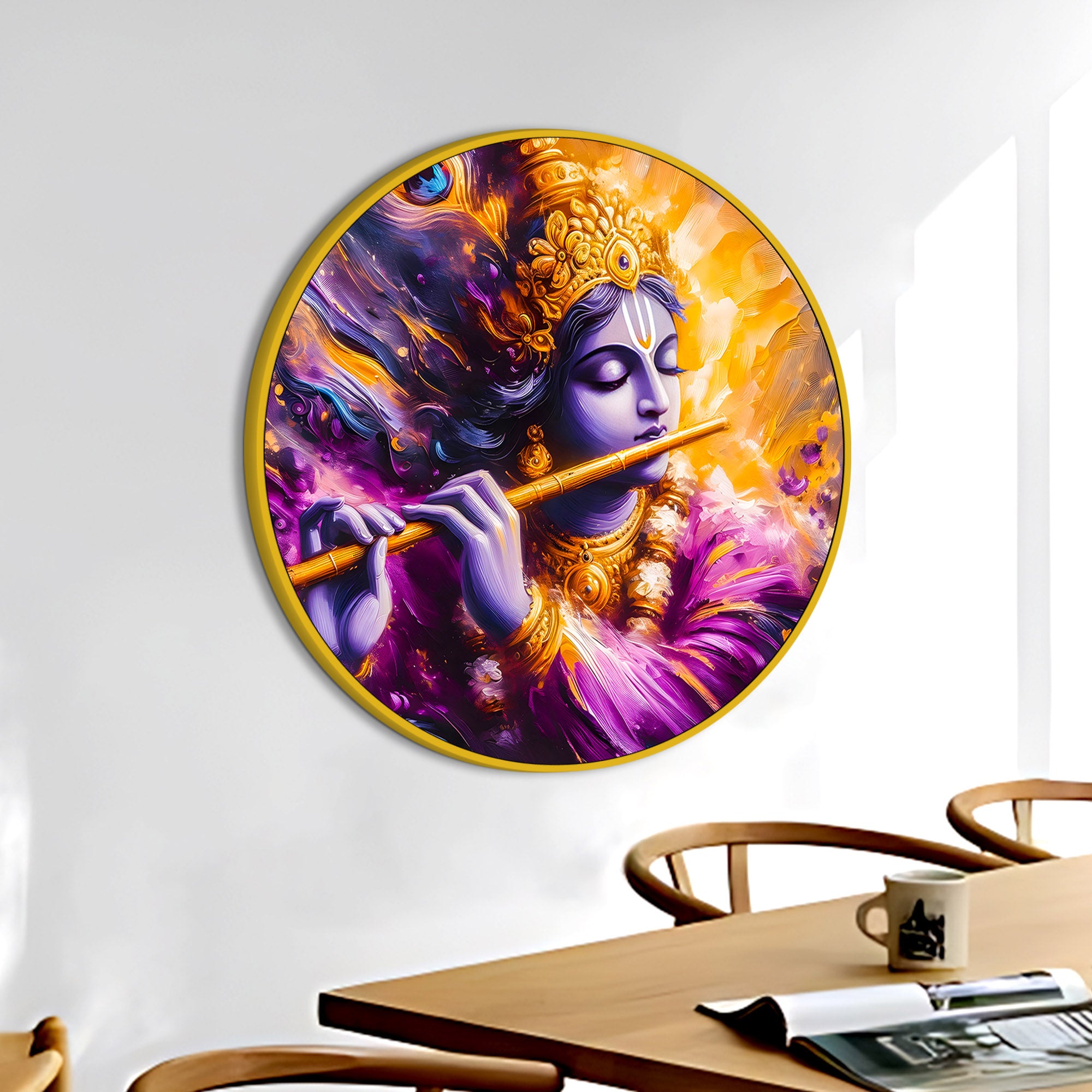 Shri Krishna with Flute Round Frame Wall Painting