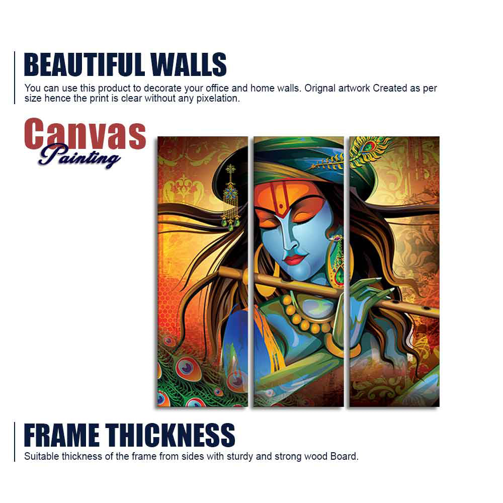 Shri Krishna with Flute Wall Painting Set of 3 Pieces