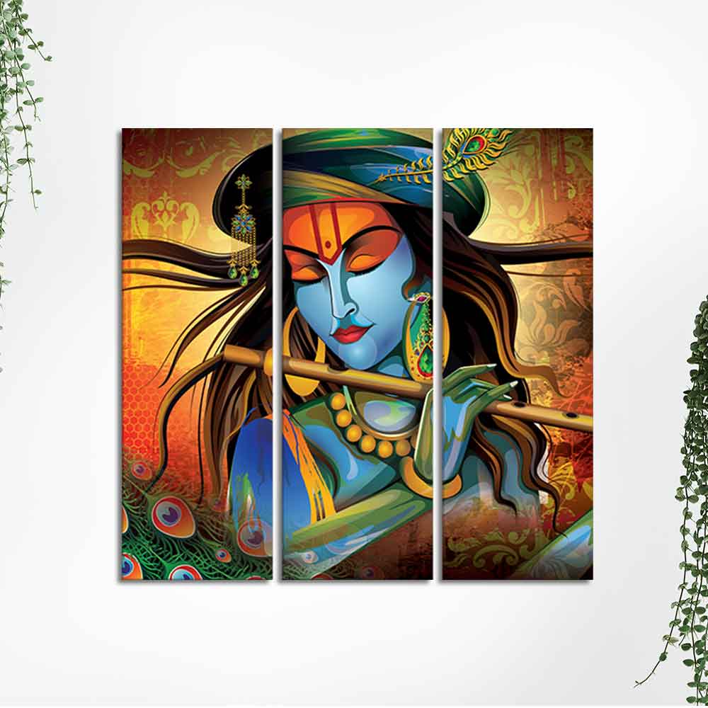 Shri Krishna with Flute Wall Painting Set of 3 Pieces