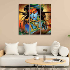 Shri Krishna with Flute Wall Painting Set of 3 Pieces