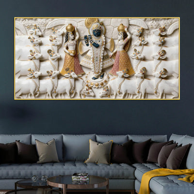 Shri Krishna with Gopis and Cows 3D Canvas Wall Painting