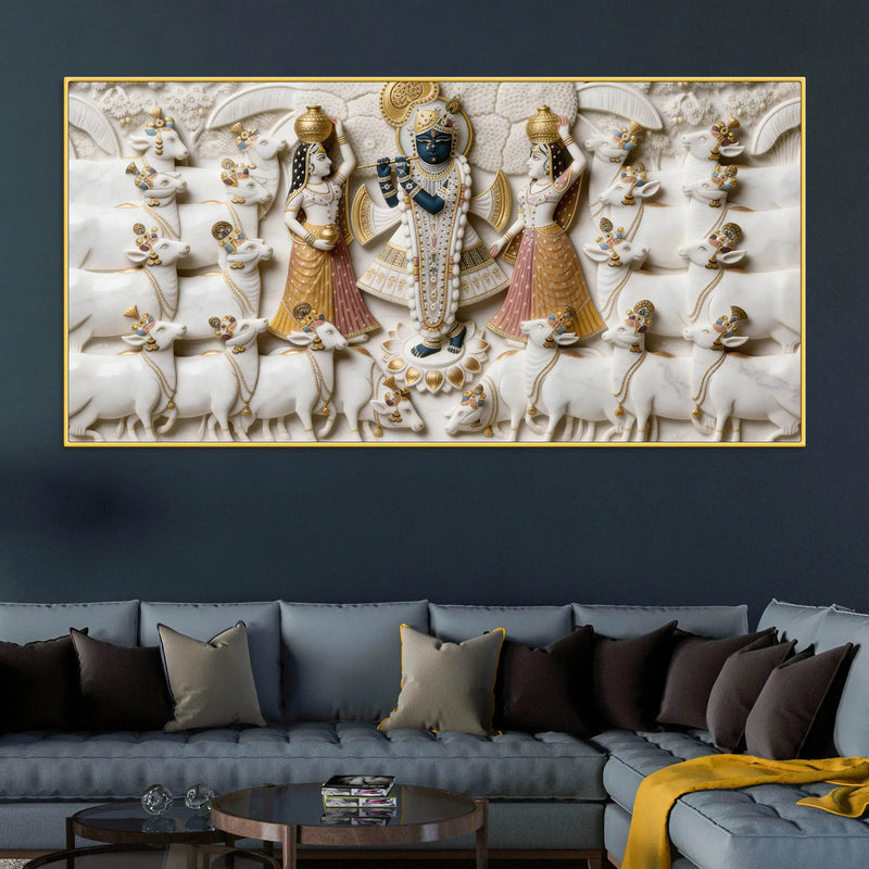 Shri Krishna with Gopis and Cows 3D Canvas Wall Painting