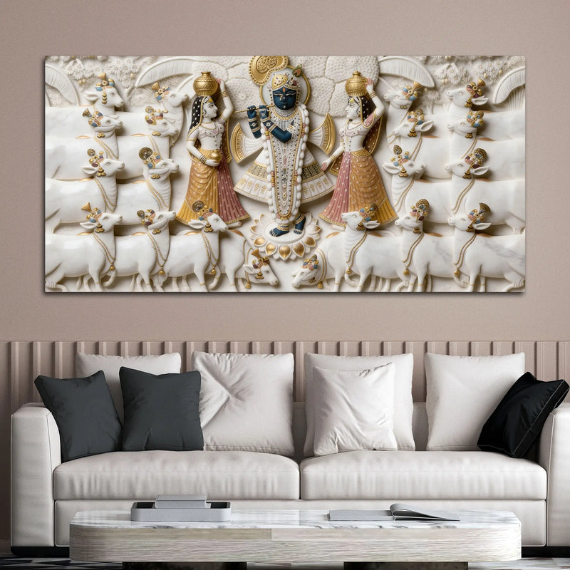 Shri Krishna with Gopis and Cows 3D Canvas Wall Painting
