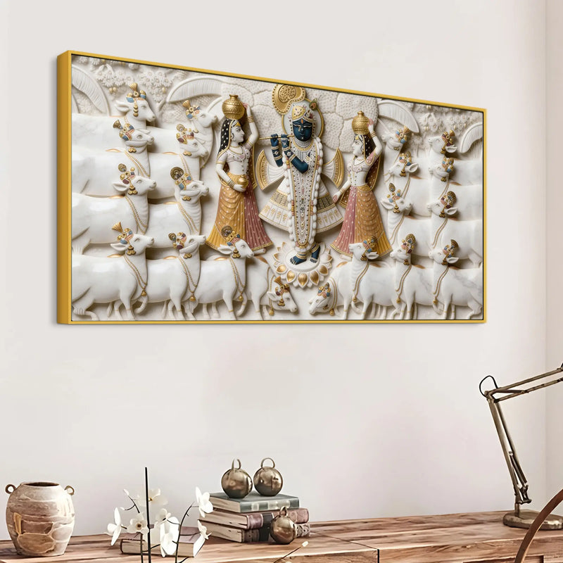 Shri Krishna with Gopis and Cows 3D Canvas Wall Painting