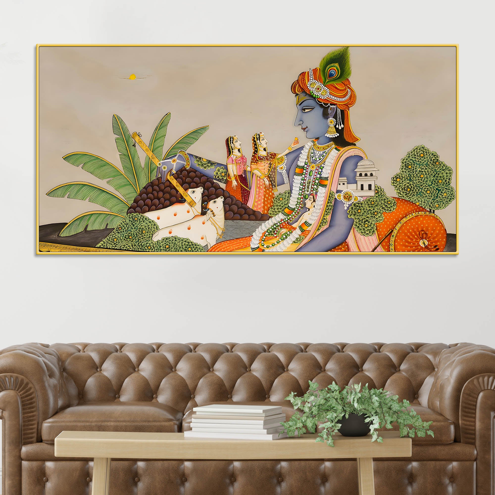 Shri Krishna with Gopis & Cows Pichwai Canvas Wall Painting – Traditional Indian Decor