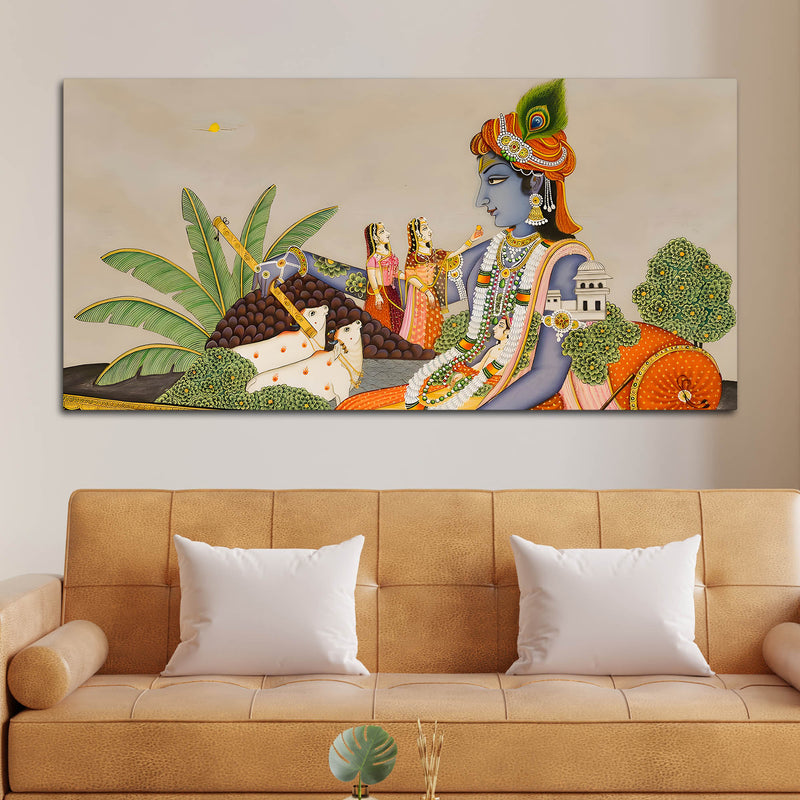 Shri Krishna with Gopis & Cows Pichwai Canvas Wall Painting – Traditional Indian Decor