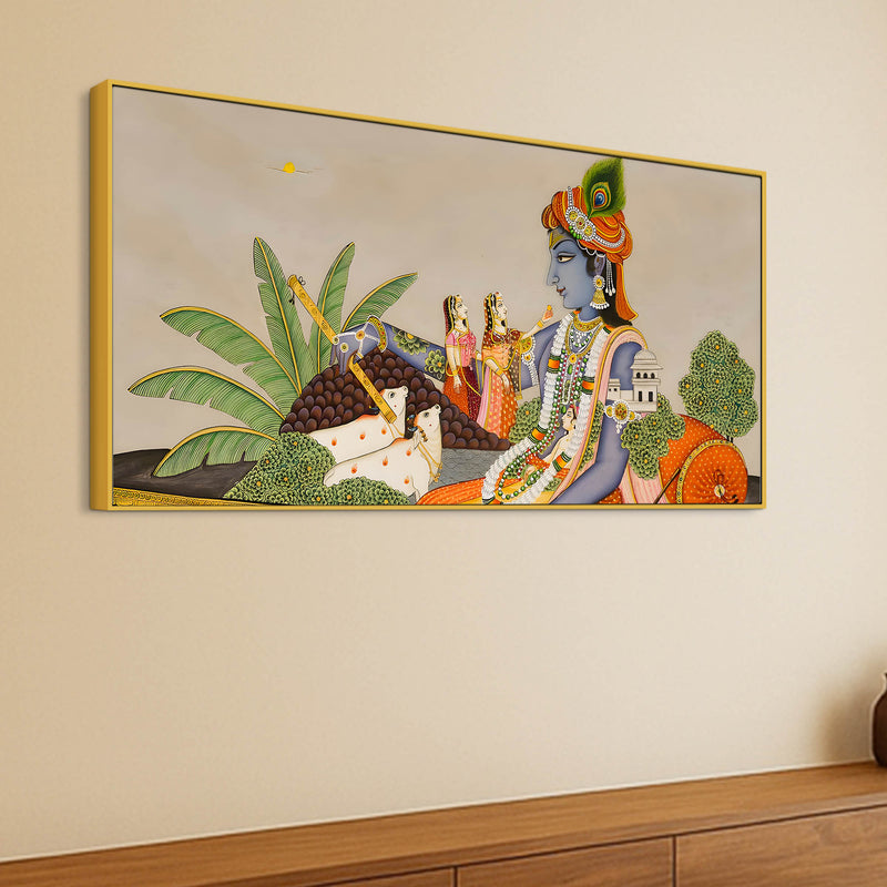 Shri Krishna with Gopis & Cows Pichwai Canvas Wall Painting – Traditional Indian Decor