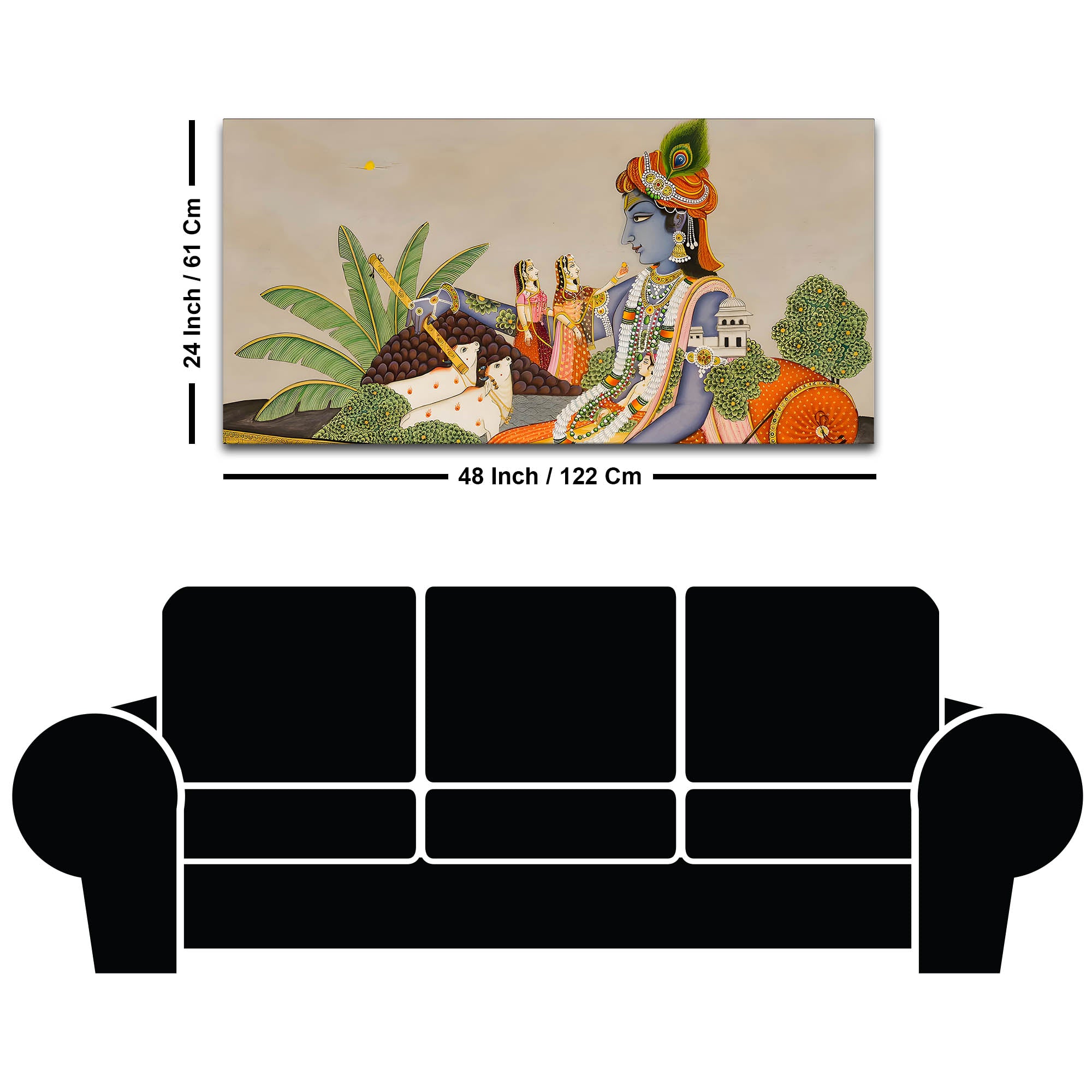 Shri Krishna with Gopis & Cows Pichwai Canvas Wall Painting – Traditional Indian Decor