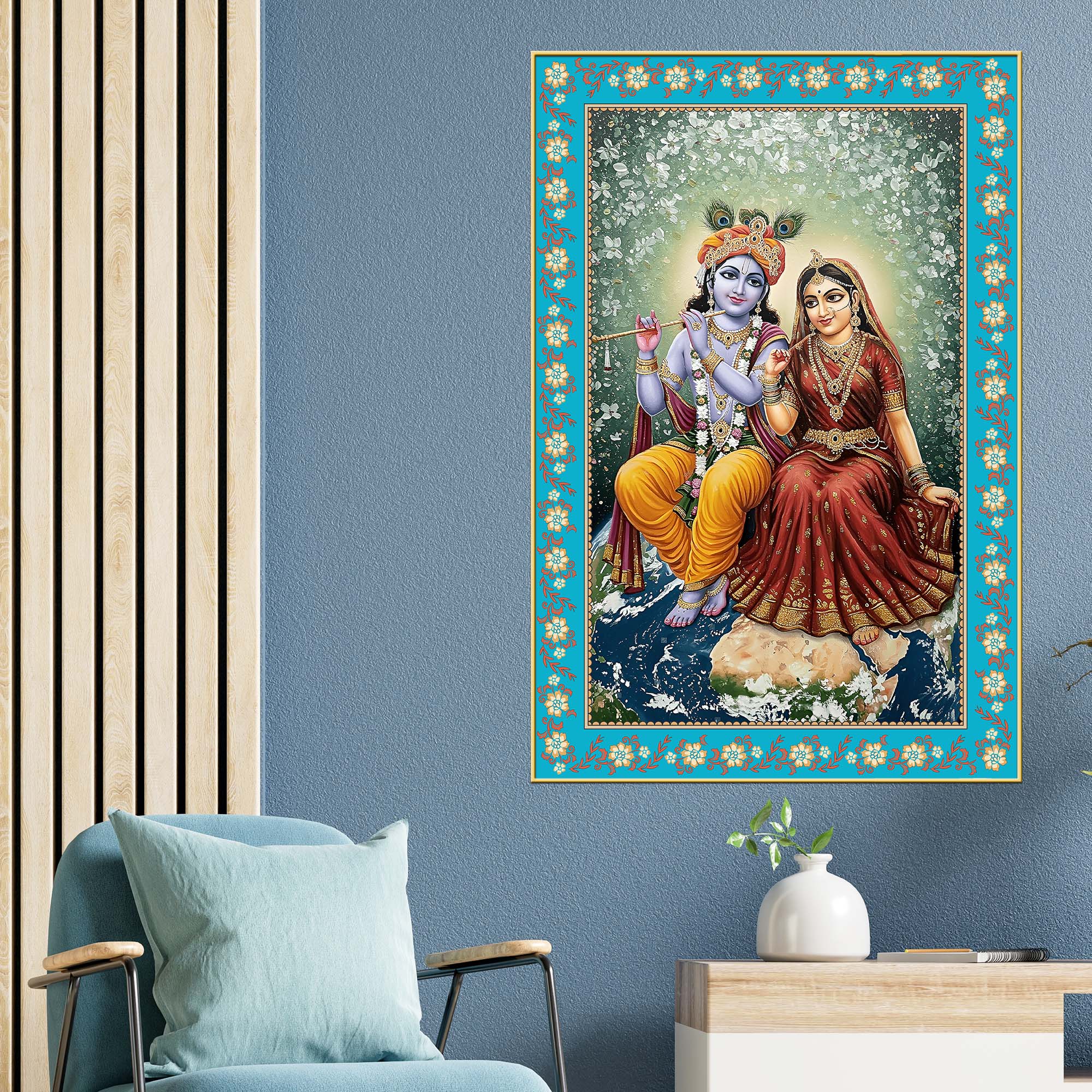 Shri Krishna with Radha Rani Floral Border Vertical Canvas Wall Painting