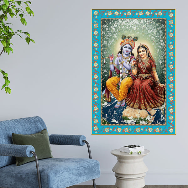 Shri Krishna with Radha Rani Floral Border Vertical Canvas Wall Painting