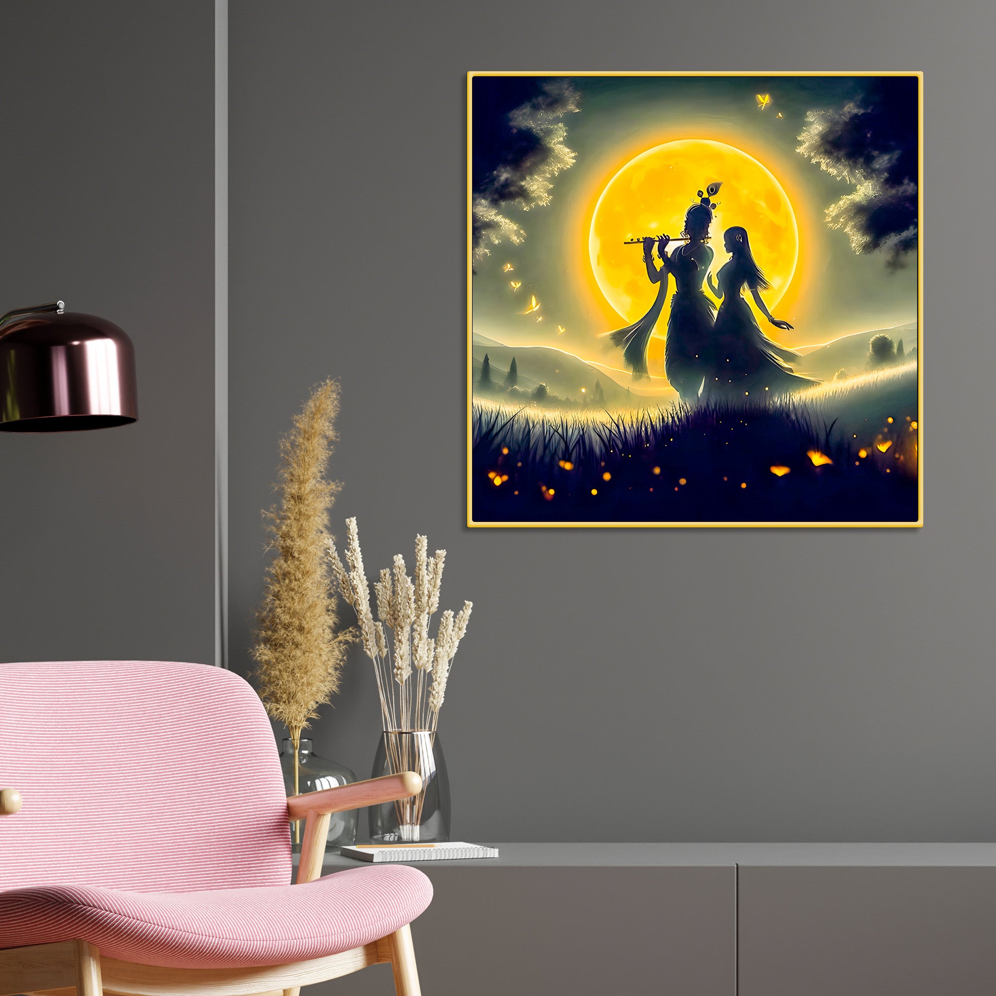 Shri Radha Krishna Moonlit Landscape Canvas Wall Painting for Home & Office – Modern Spiritual Wall Decor