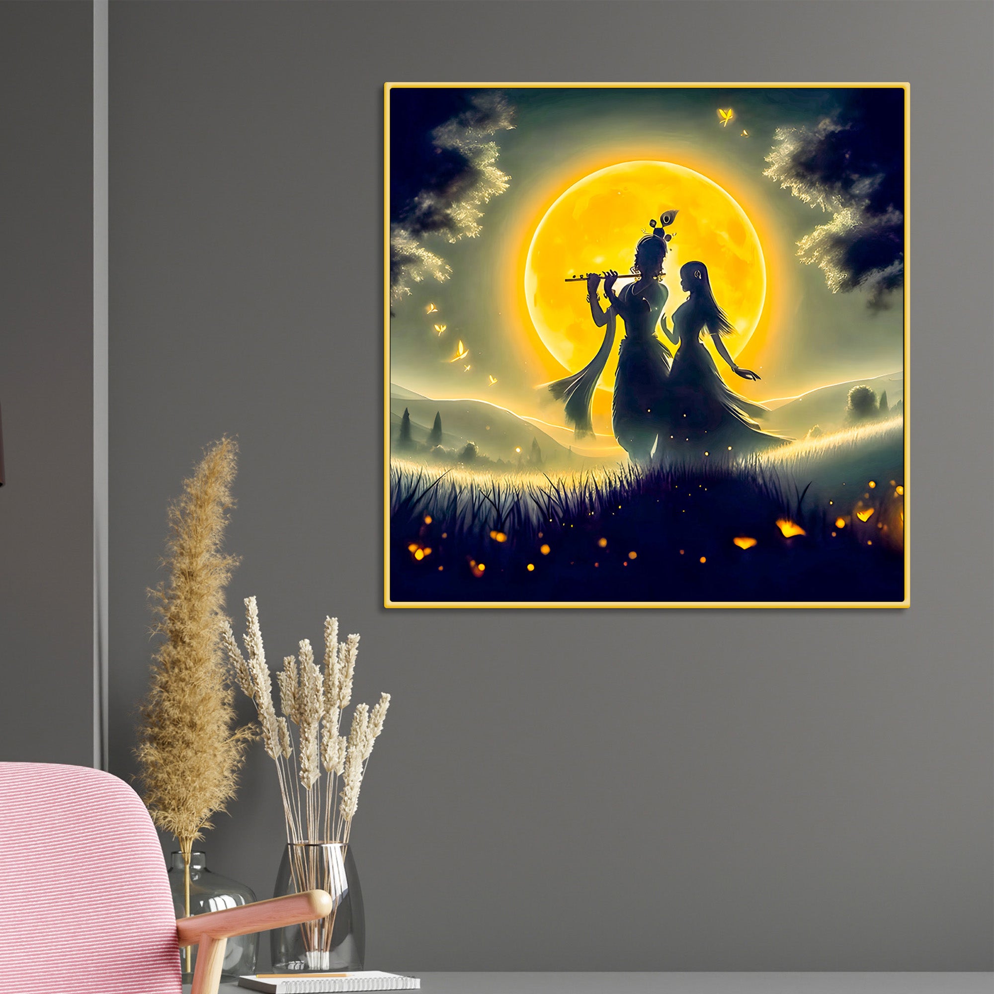 Shri Radha Krishna Moonlit Landscape Canvas Wall Painting for Home & Office – Modern Spiritual Wall Decor